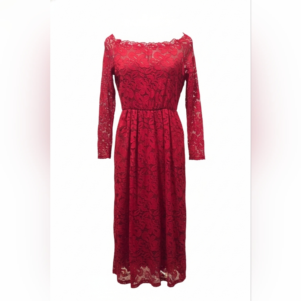 Source Unknown Elegant Red Lace Long Sleeve Dress